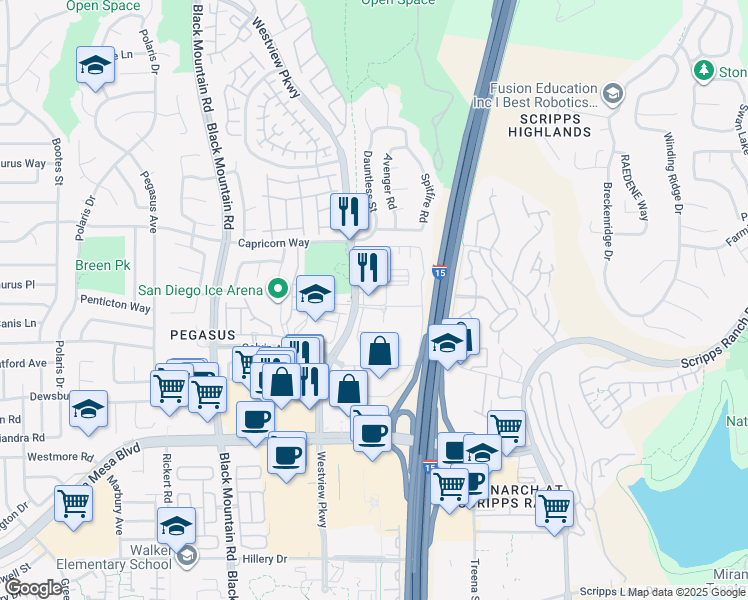 map of restaurants, bars, coffee shops, grocery stores, and more near 9800 Mira Lee Way in San Diego