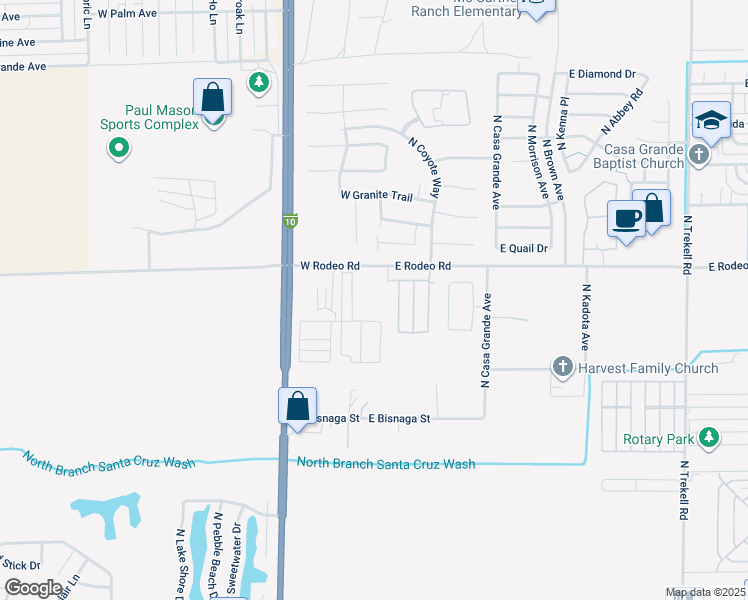 map of restaurants, bars, coffee shops, grocery stores, and more near 161 West Rodeo Road in Casa Grande