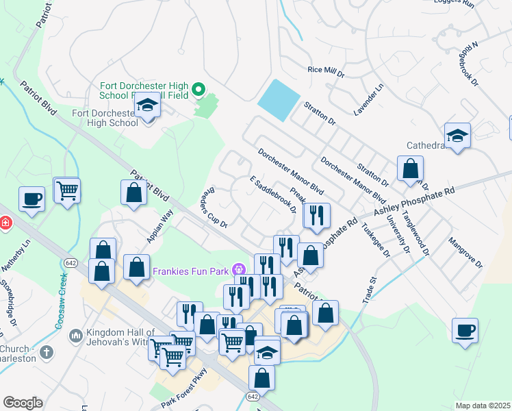 map of restaurants, bars, coffee shops, grocery stores, and more near 4741 East Bluegrass Drive in North Charleston