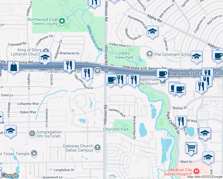 map of restaurants, bars, coffee shops, grocery stores, and more near 12700 Hillcrest Road in Dallas