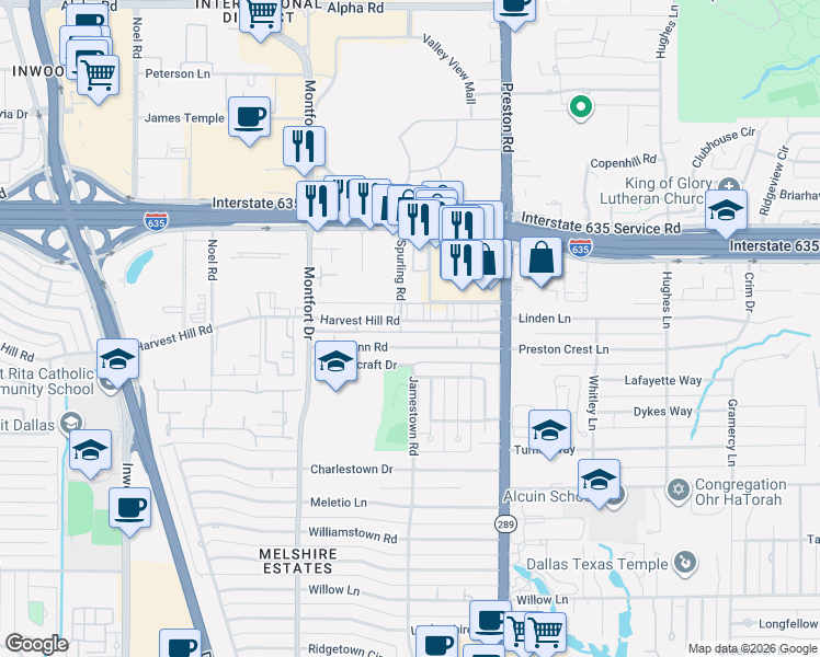 map of restaurants, bars, coffee shops, grocery stores, and more near 5815 Mc Shann Road in Dallas