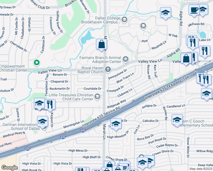 map of restaurants, bars, coffee shops, grocery stores, and more near 3706 Blue Trace Lane in Farmers Branch