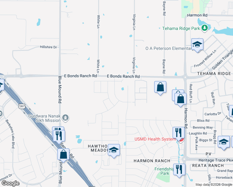 map of restaurants, bars, coffee shops, grocery stores, and more near 10256 Little Falls Trail in Fort Worth