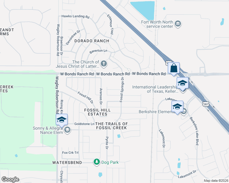 map of restaurants, bars, coffee shops, grocery stores, and more near 421 Sandy Creek Drive in Fort Worth