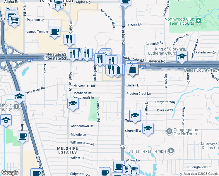 map of restaurants, bars, coffee shops, grocery stores, and more near 5904 Harvest Hill in Dallas