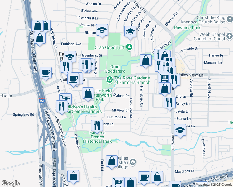 map of restaurants, bars, coffee shops, grocery stores, and more near 2607 Dixiana Drive in Farmers Branch
