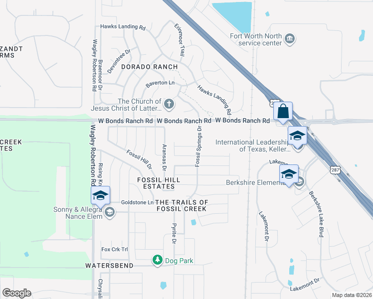 map of restaurants, bars, coffee shops, grocery stores, and more near 421 Sandy Creek Drive in Fort Worth