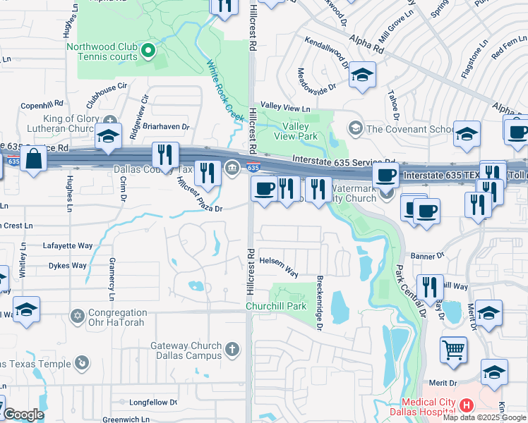 map of restaurants, bars, coffee shops, grocery stores, and more near 12700 Hillcrest Plaza Drive in Dallas