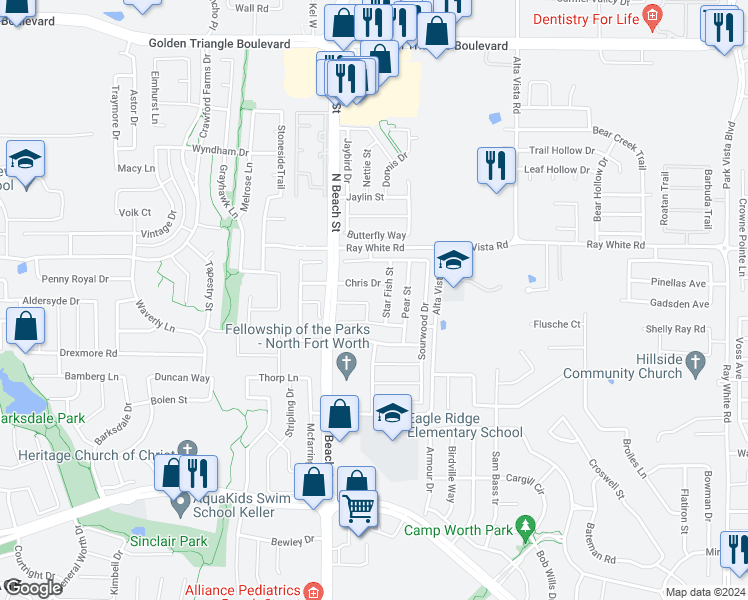 map of restaurants, bars, coffee shops, grocery stores, and more near 4537 Hickory Meadows Lane in Fort Worth