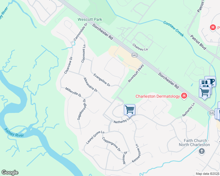 map of restaurants, bars, coffee shops, grocery stores, and more near 8723 Evangeline Drive in North Charleston