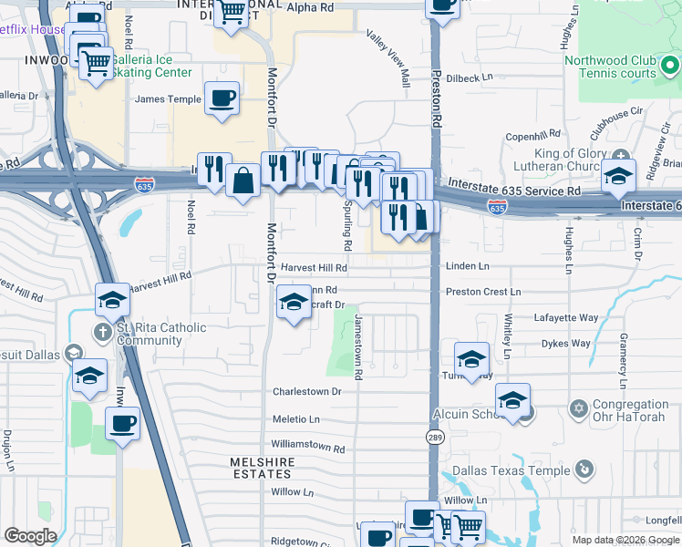 map of restaurants, bars, coffee shops, grocery stores, and more near 5715 Mc Shann Road in Dallas