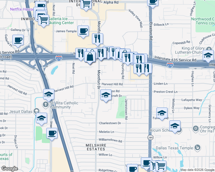 map of restaurants, bars, coffee shops, grocery stores, and more near 5623 Mc Shann Road in Dallas