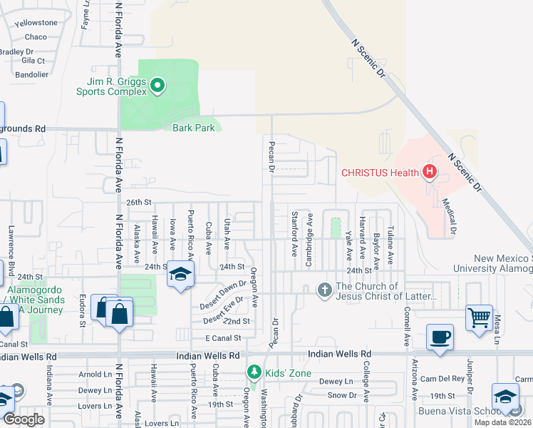 map of restaurants, bars, coffee shops, grocery stores, and more near 2509 Pecan Drive in Alamogordo