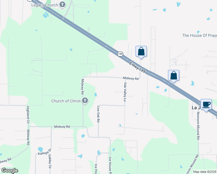 map of restaurants, bars, coffee shops, grocery stores, and more near 172 Oak Valley Lane in Springtown