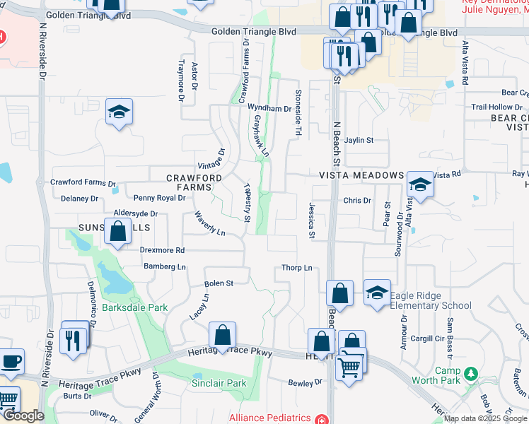 map of restaurants, bars, coffee shops, grocery stores, and more near 4225 Wexford Drive in Fort Worth