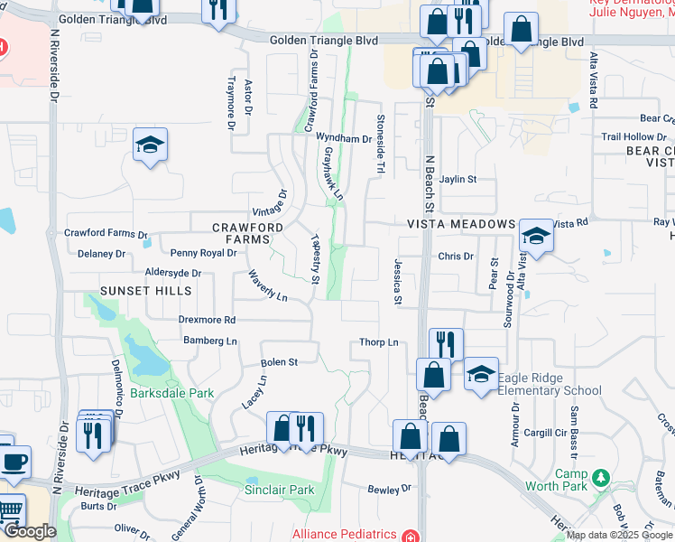 map of restaurants, bars, coffee shops, grocery stores, and more near 4225 Wexford Drive in Fort Worth