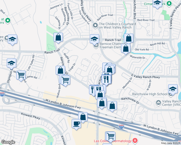 map of restaurants, bars, coffee shops, grocery stores, and more near 8031 North MacArthur Boulevard in Irving
