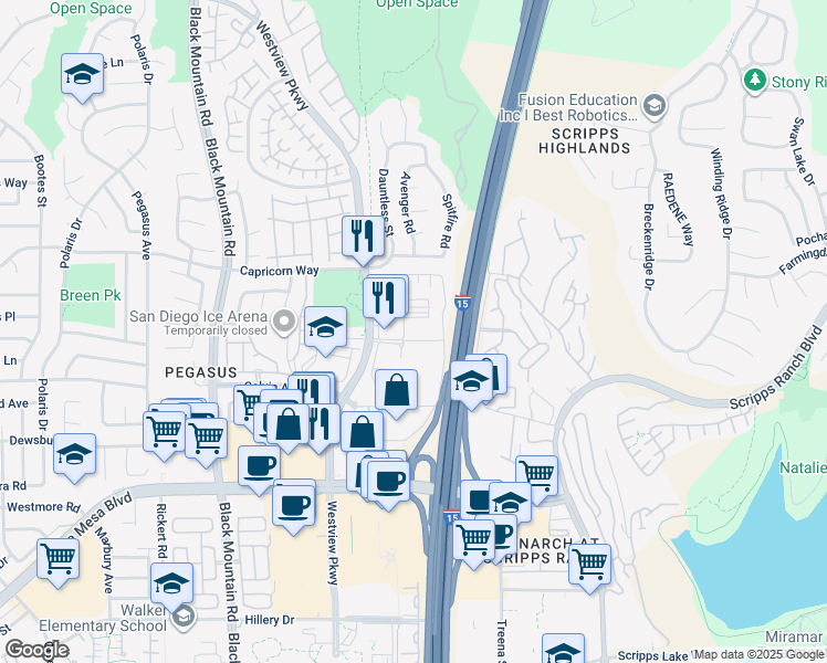 map of restaurants, bars, coffee shops, grocery stores, and more near 9835 Mira Lee Way in San Diego
