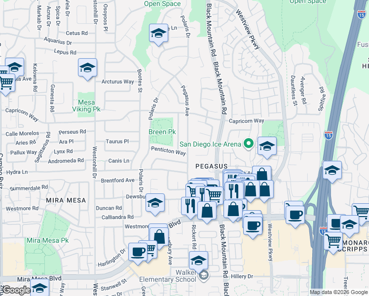 map of restaurants, bars, coffee shops, grocery stores, and more near 11035 Pegasus Avenue in San Diego