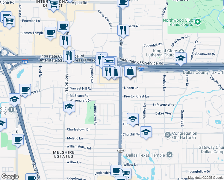 map of restaurants, bars, coffee shops, grocery stores, and more near 5904 Harvest Hill in Dallas