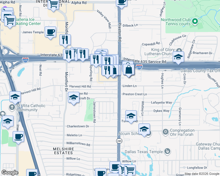 map of restaurants, bars, coffee shops, grocery stores, and more near 5904 Harvest Hill in Dallas