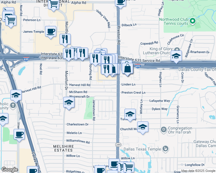 map of restaurants, bars, coffee shops, grocery stores, and more near 5904 Harvest Hill in Dallas