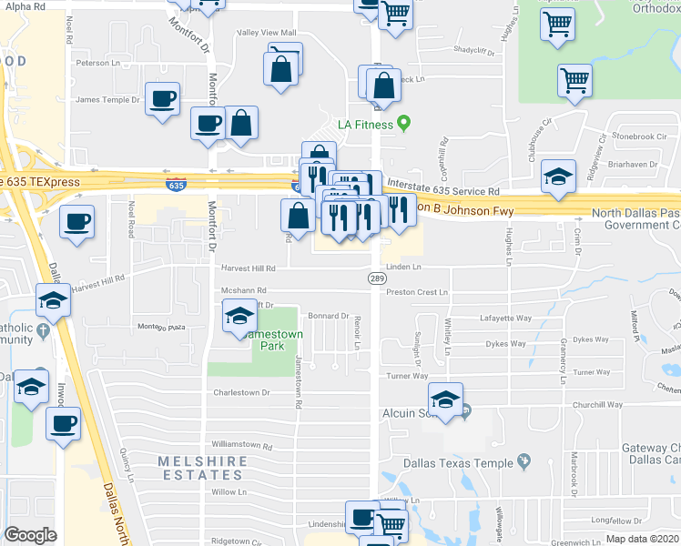 map of restaurants, bars, coffee shops, grocery stores, and more near 5904 Harvest Hill in Dallas