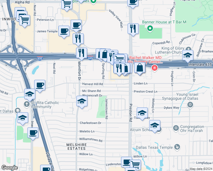 map of restaurants, bars, coffee shops, grocery stores, and more near 5815 Mc Shann Road in Dallas