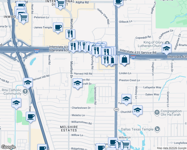 map of restaurants, bars, coffee shops, grocery stores, and more near 5815 Mc Shann Road in Dallas