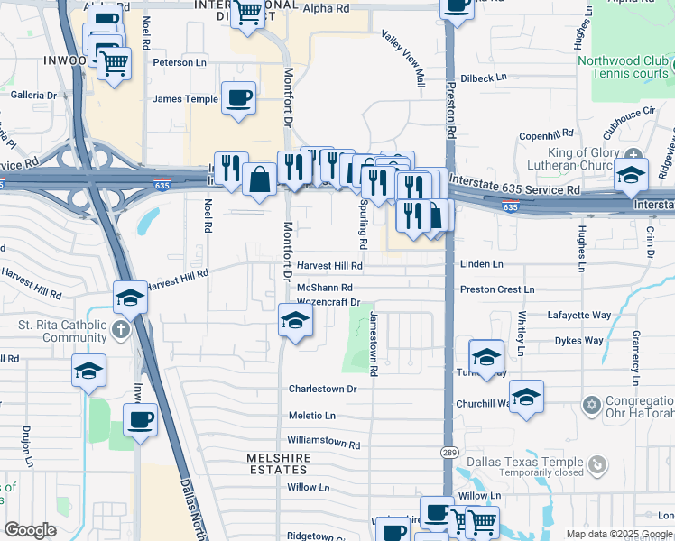 map of restaurants, bars, coffee shops, grocery stores, and more near 5715 Mc Shann Road in Dallas