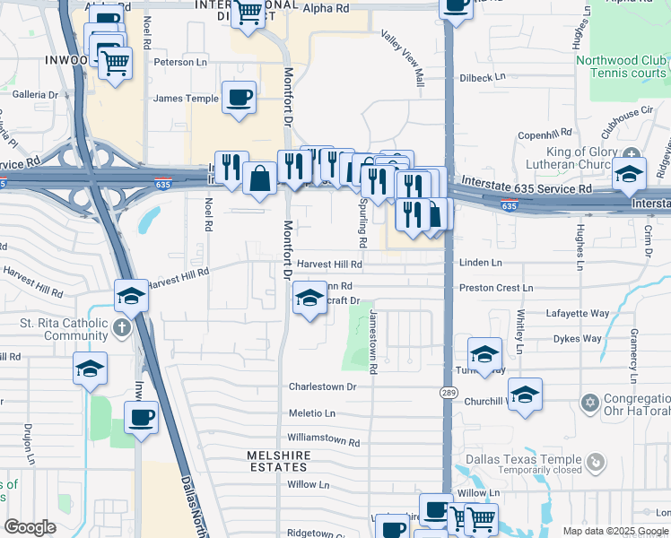 map of restaurants, bars, coffee shops, grocery stores, and more near 5715 Mc Shann Road in Dallas