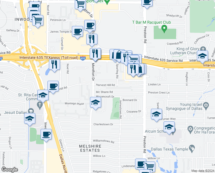 map of restaurants, bars, coffee shops, grocery stores, and more near 5715 Mc Shann Road in Dallas