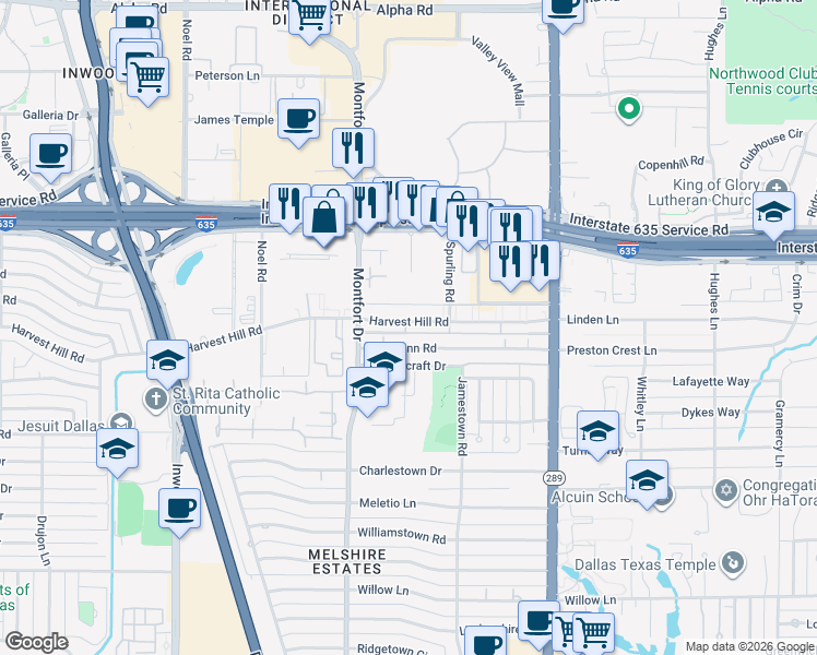 map of restaurants, bars, coffee shops, grocery stores, and more near 5623 Mc Shann Road in Dallas