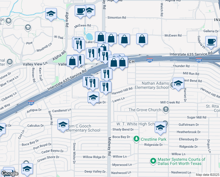 map of restaurants, bars, coffee shops, grocery stores, and more near 12755 Midway Road in Dallas
