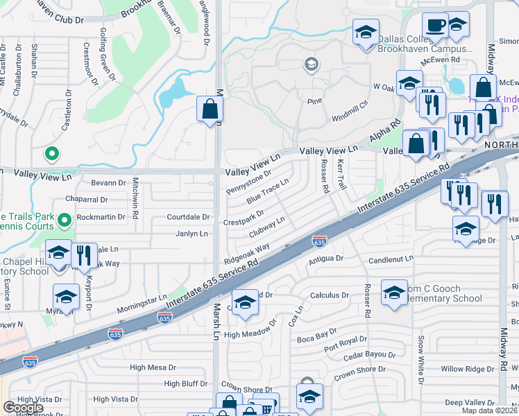 map of restaurants, bars, coffee shops, grocery stores, and more near 3811 Crestpark Drive in Farmers Branch