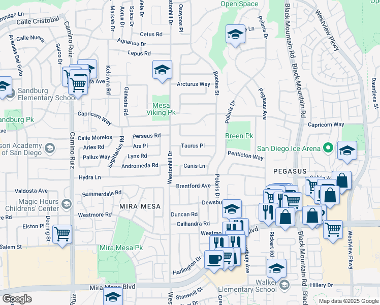 map of restaurants, bars, coffee shops, grocery stores, and more near 8870 Scorpius Way in San Diego