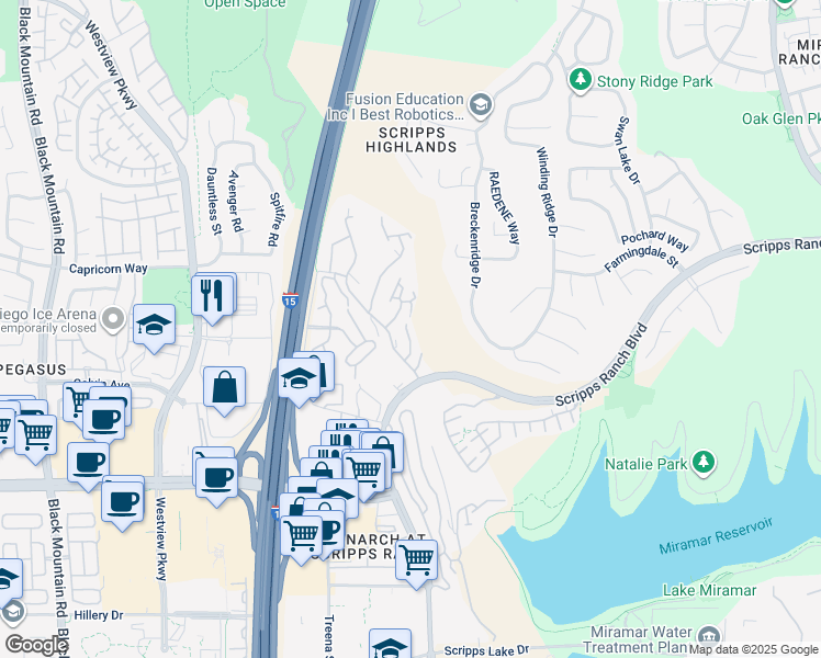 map of restaurants, bars, coffee shops, grocery stores, and more near 11145 Affinity Court in San Diego