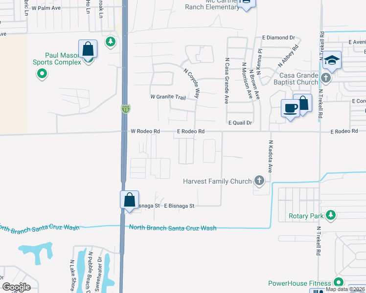 map of restaurants, bars, coffee shops, grocery stores, and more near 155 East Rodeo Road in Casa Grande