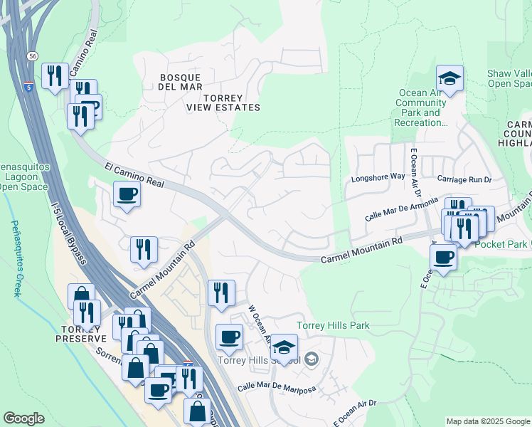 map of restaurants, bars, coffee shops, grocery stores, and more near 11267 Carmel Creek Road in San Diego