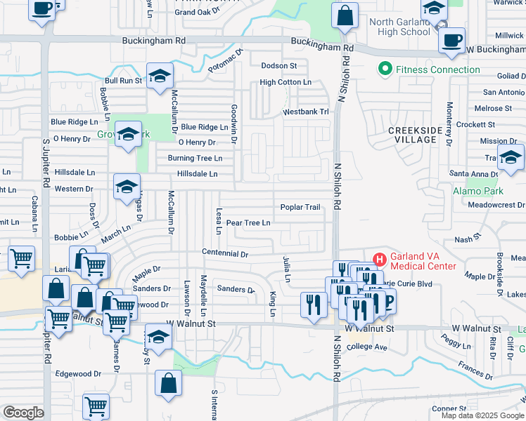 map of restaurants, bars, coffee shops, grocery stores, and more near 2805 Pear Tree Lane in Garland