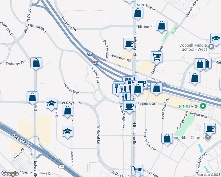 map of restaurants, bars, coffee shops, grocery stores, and more near 3701 Regent Boulevard in Irving
