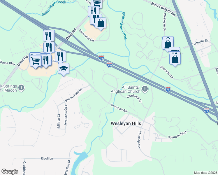 map of restaurants, bars, coffee shops, grocery stores, and more near 251 Chadwick Circle in Macon