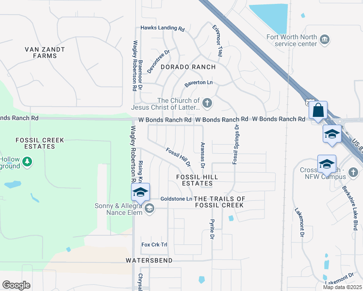 map of restaurants, bars, coffee shops, grocery stores, and more near 10504 Ashmore Drive in Fort Worth