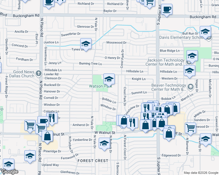 map of restaurants, bars, coffee shops, grocery stores, and more near 3817 Bucknell Drive in Garland