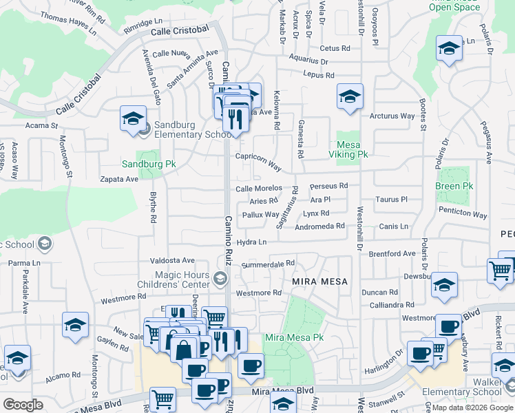 map of restaurants, bars, coffee shops, grocery stores, and more near 8420 Pallux Way in San Diego