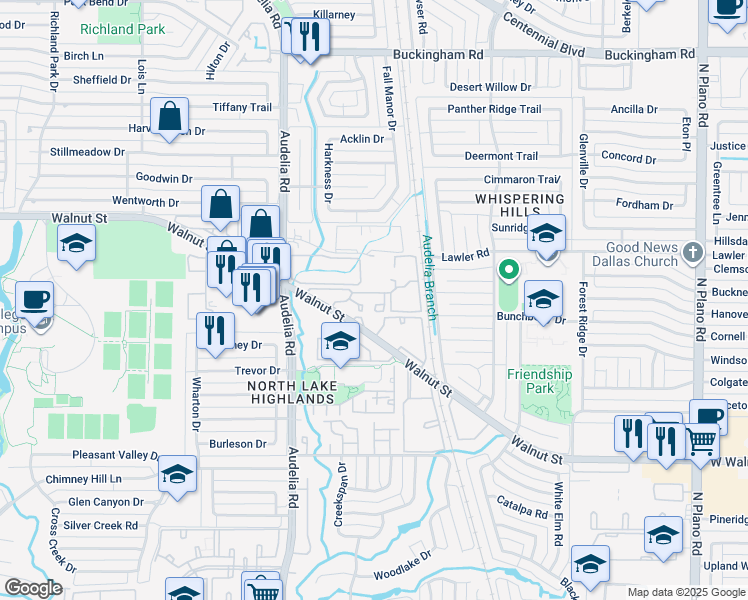 map of restaurants, bars, coffee shops, grocery stores, and more near 9999 Walnut Street in Dallas