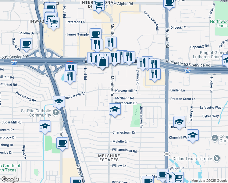 map of restaurants, bars, coffee shops, grocery stores, and more near 12709 Montfort Drive in Dallas