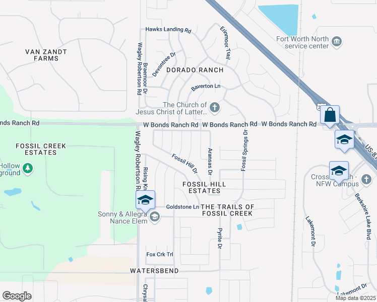 map of restaurants, bars, coffee shops, grocery stores, and more near 10504 Ashmore Drive in Fort Worth