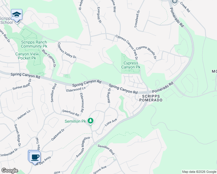map of restaurants, bars, coffee shops, grocery stores, and more near 12196 Chardonnay Street in San Diego