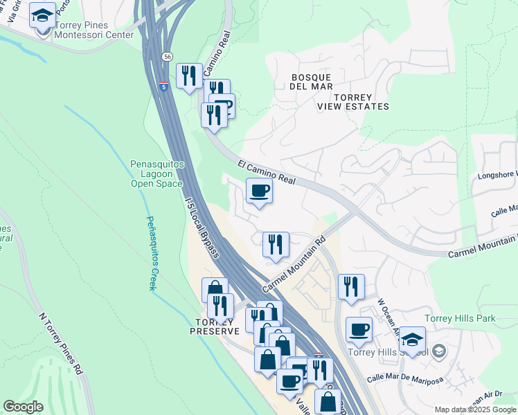 map of restaurants, bars, coffee shops, grocery stores, and more near 3604 Torrey View Court in San Diego